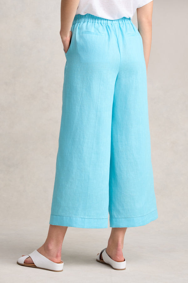 ANKLE LENGTH LINEN WIDE LEG PANT - BLUE LAKE 