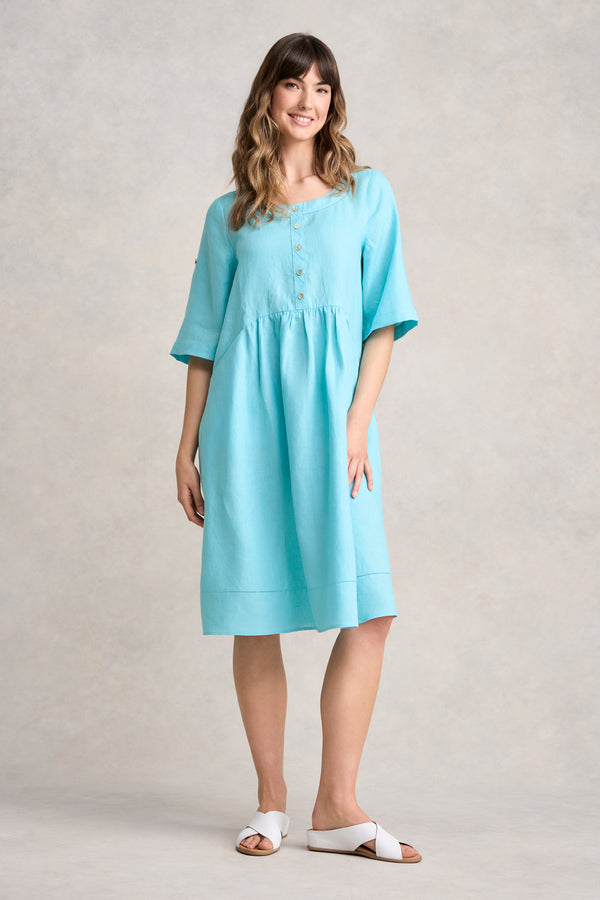 BUTTON DETAIL LINEN DRESS - BLUE LAKE