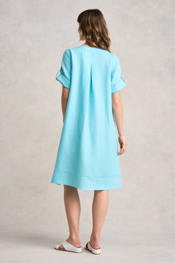 BUTTON DETAIL LINEN DRESS - BLUE LAKE