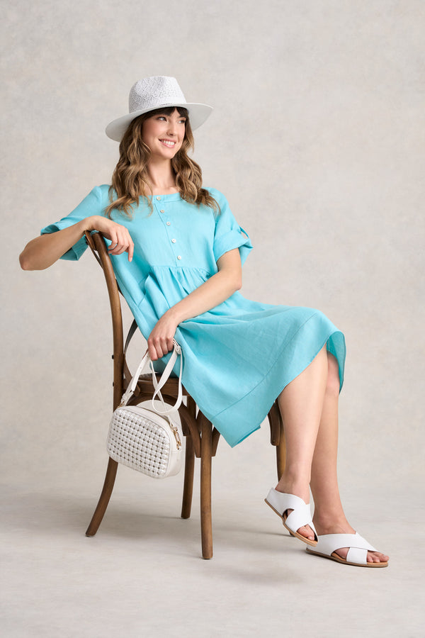 BUTTON DETAIL LINEN DRESS - BLUE LAKE