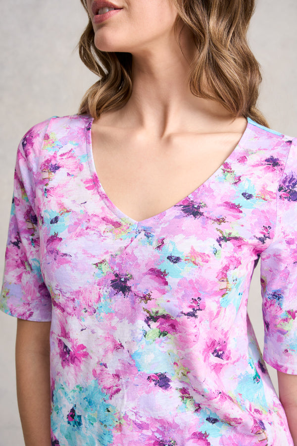 DEEP V PRINTED TSHIRT - JANE'S BOUQUET PRINT 