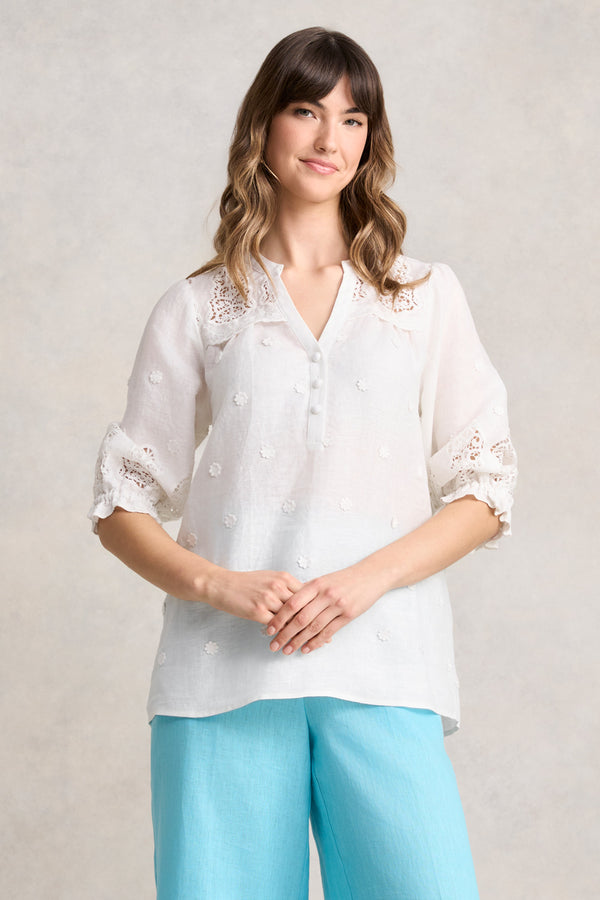 LACE EMBROIDERED LINEN TOP - WHITE