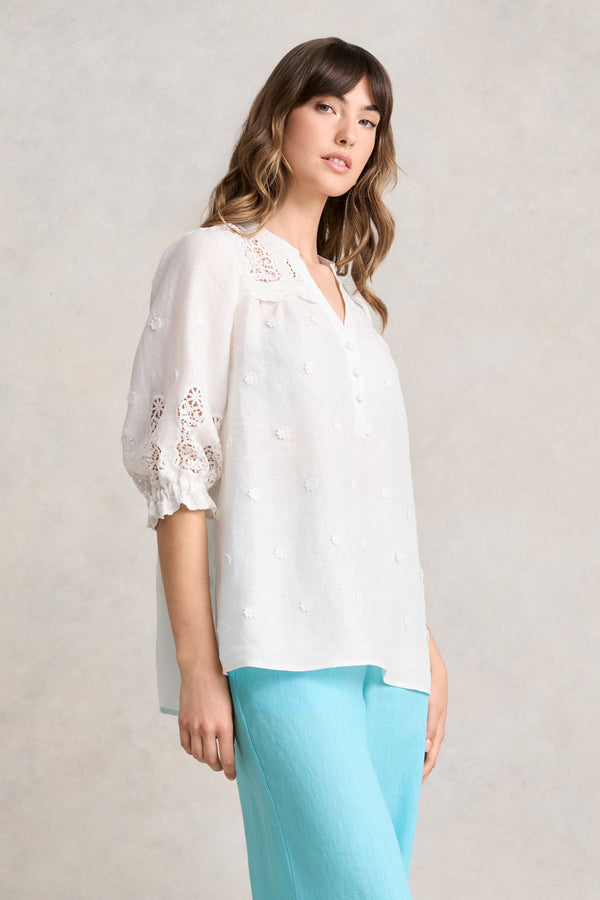 LACE EMBROIDERED LINEN TOP - WHITE