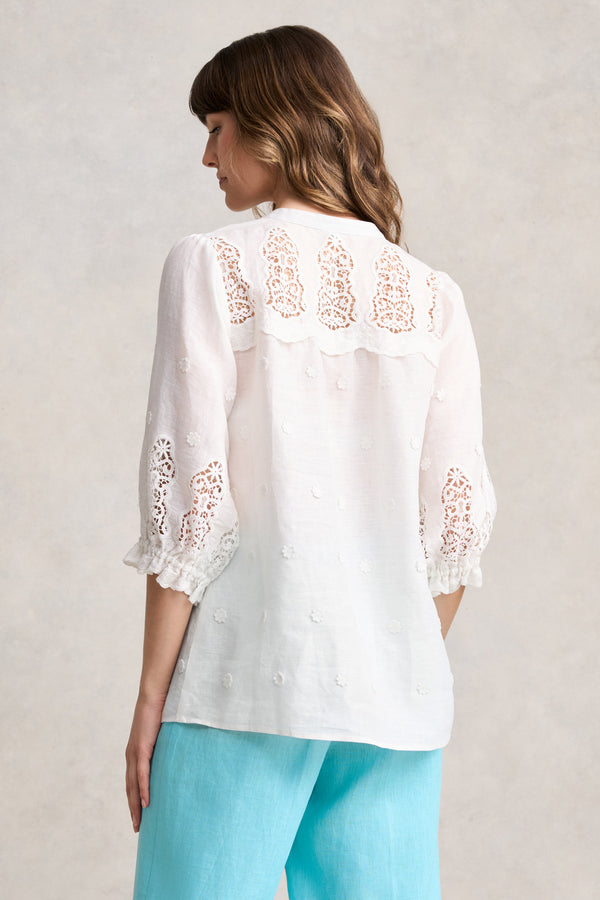 LACE EMBROIDERED LINEN TOP - WHITE