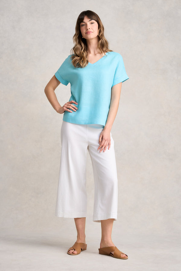 LINEN MIX V-NECK TOP - BLUE LAKE