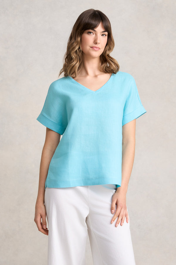 LINEN MIX V-NECK TOP - BLUE LAKE