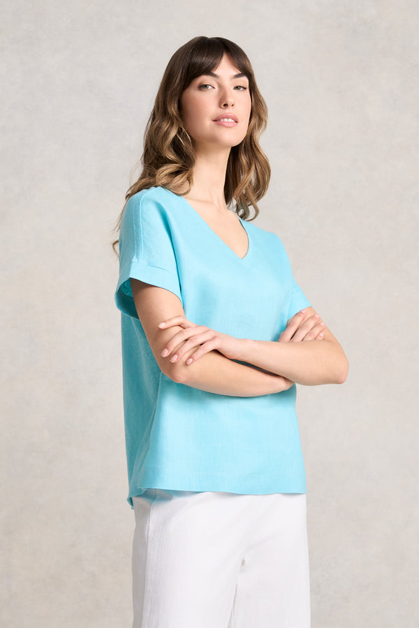 LINEN MIX V-NECK TOP - BLUE LAKE