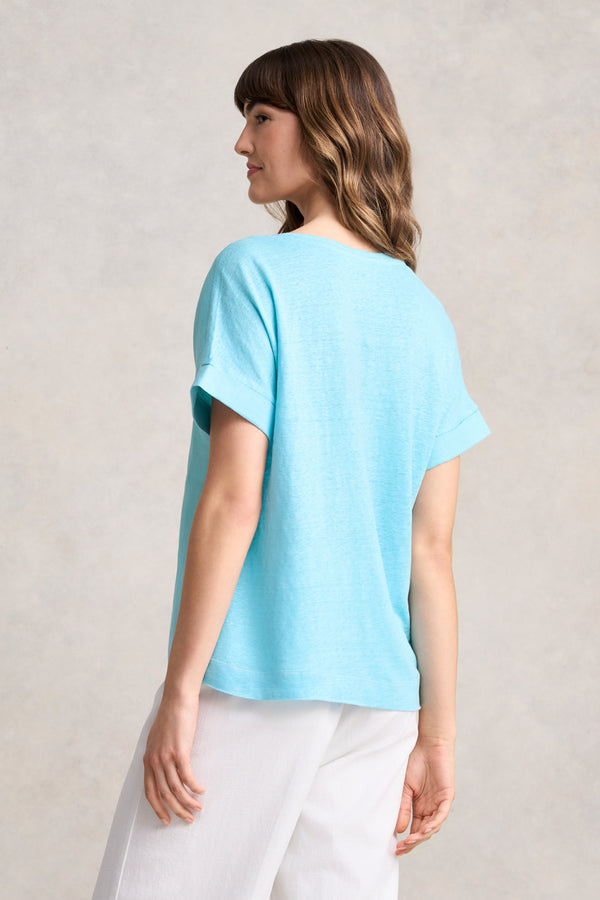 LINEN MIX V-NECK TOP - BLUE LAKE