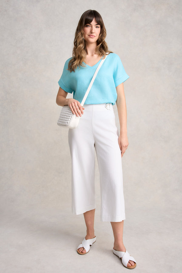 LINEN MIX V-NECK TOP - BLUE LAKE