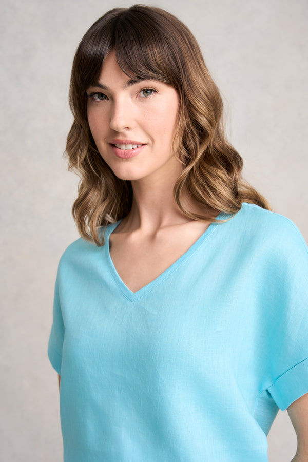 LINEN MIX V-NECK TOP - BLUE LAKE