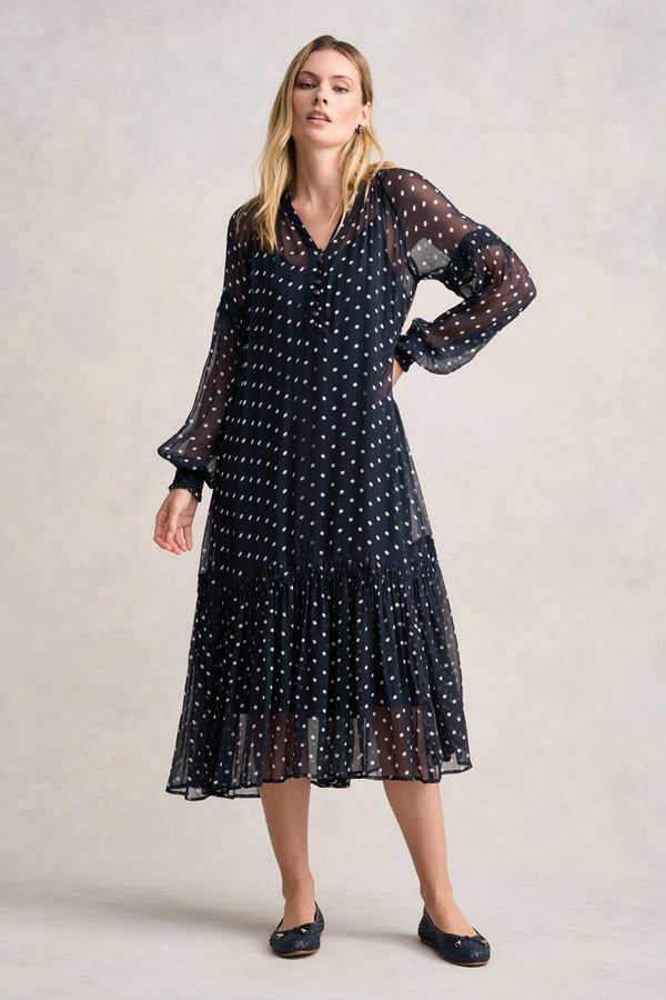 CRINKLE VISCOSE DRESS - DEEP NAVY SPOT