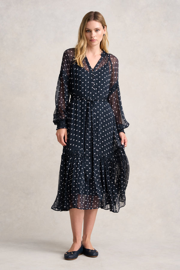 CRINKLE VISCOSE DRESS - DEEP NAVY SPOT