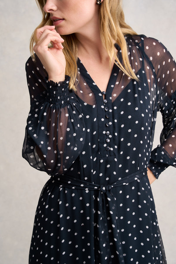 CRINKLE VISCOSE DRESS - DEEP NAVY SPOT