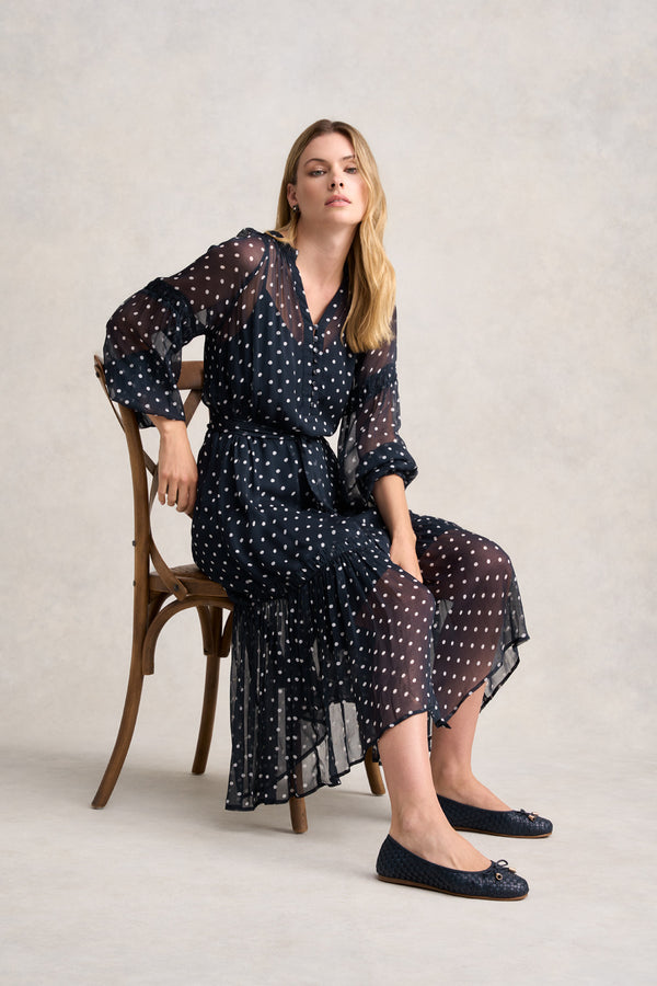 CRINKLE VISCOSE DRESS - DEEP NAVY SPOT