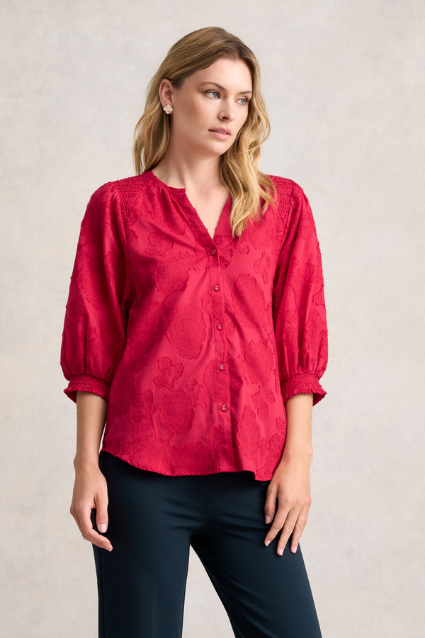 JACQUARD SMOCKED BLOUSE - ROUGE 