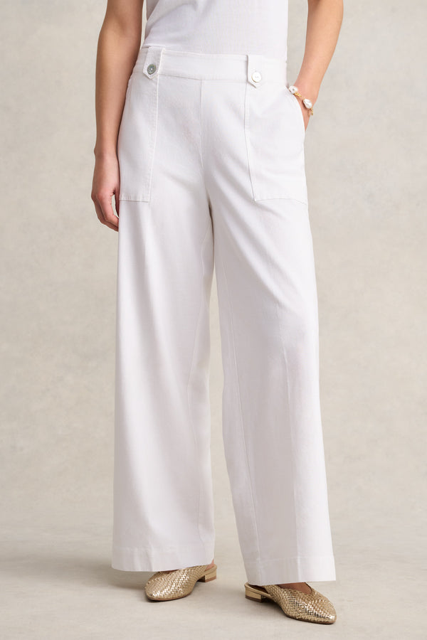 Full Length Waist Tab Linen Pant - White