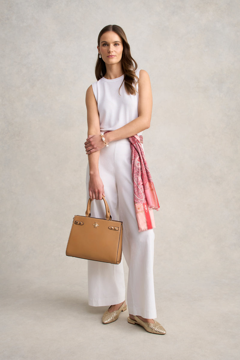 Full Length Waist Tab Linen Pant - White
