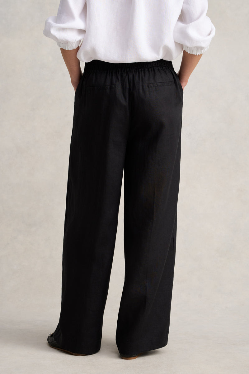 Full Length Waist Tab Linen Pant - Black