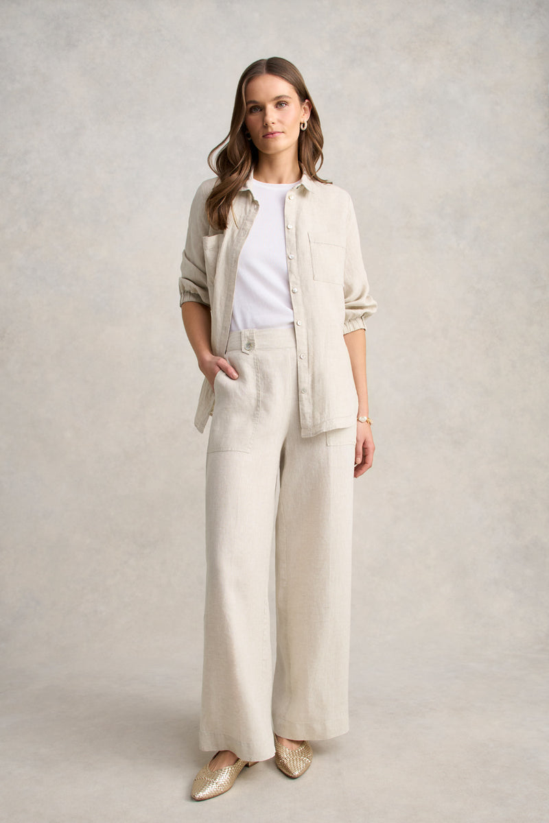 Full Length Waist Tab Linen Pant - Natural Cross Dye