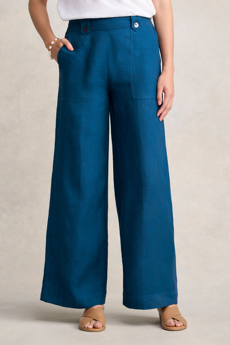 Full Length Waist Tab Linen Pant - Navy Delave