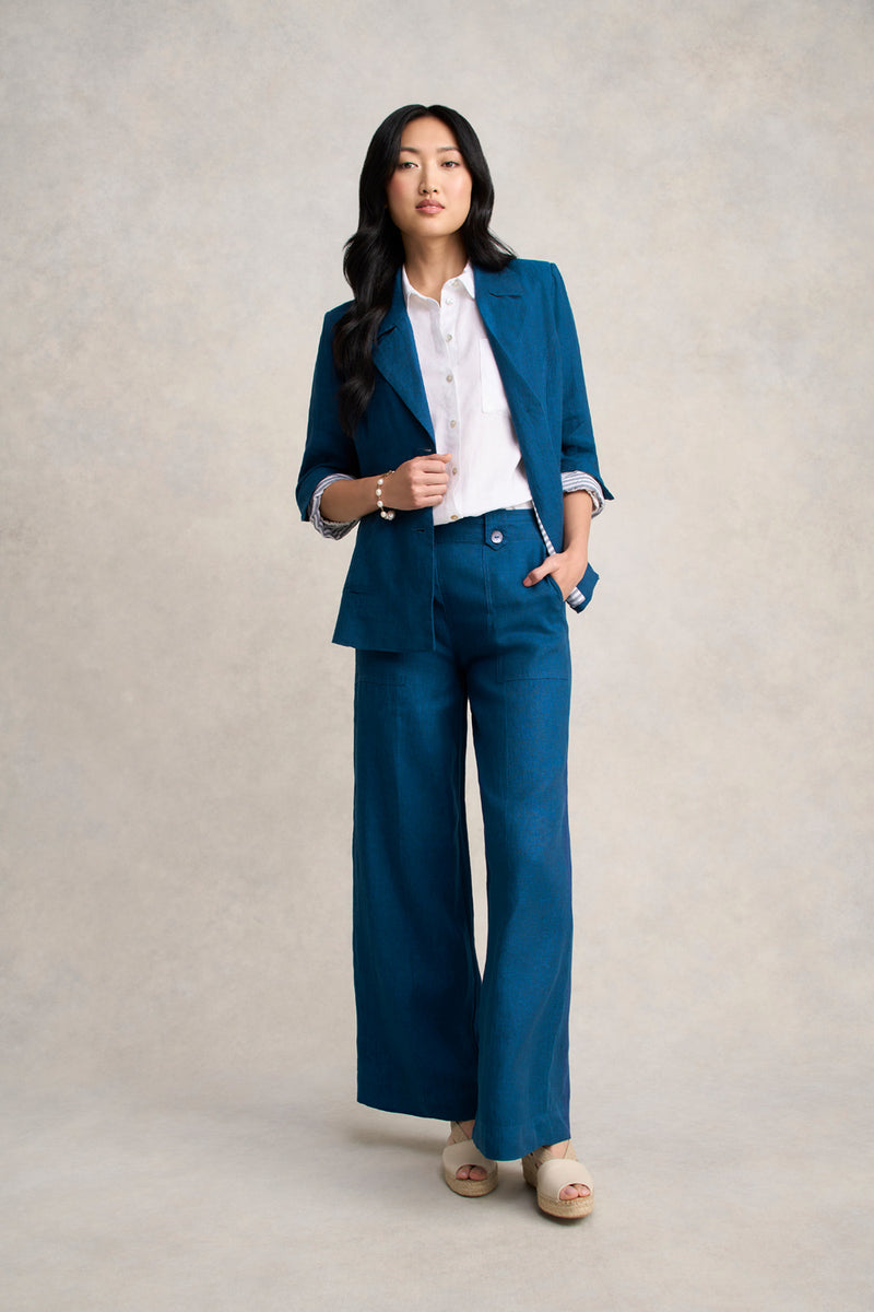 Full Length Waist Tab Linen Pant - Navy Delave