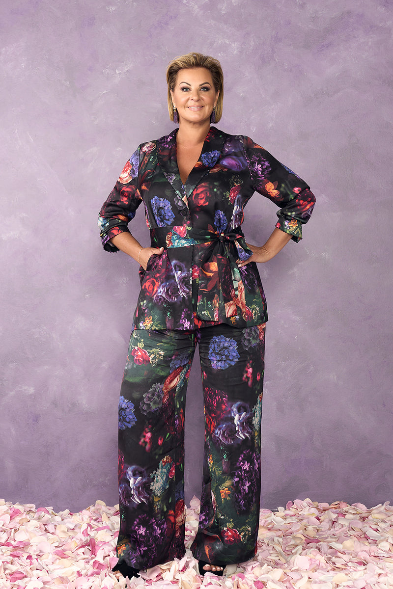 Printed Satin Jacket - Dark Floral Print