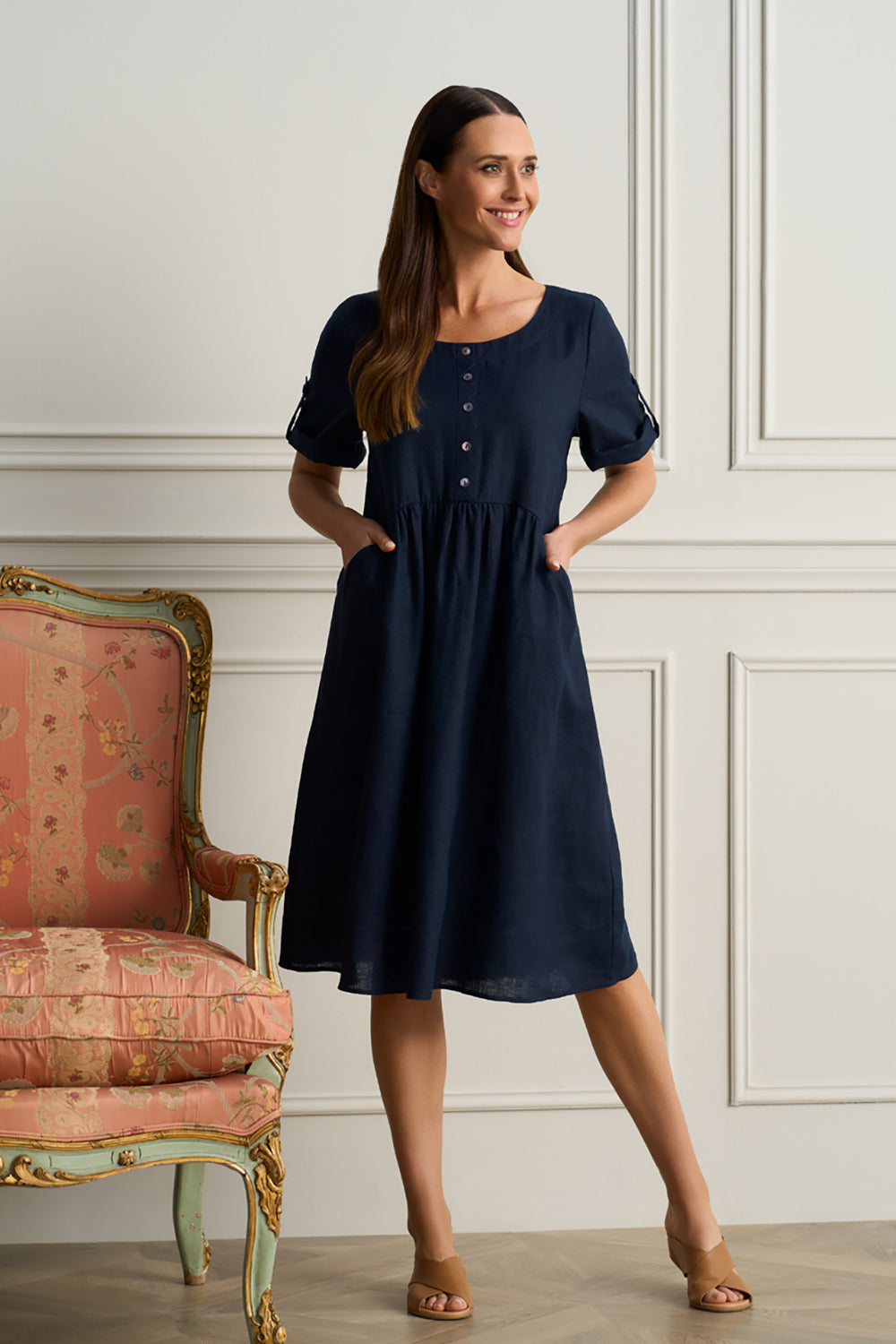 Button Detail Linen Dress Blue Illusion