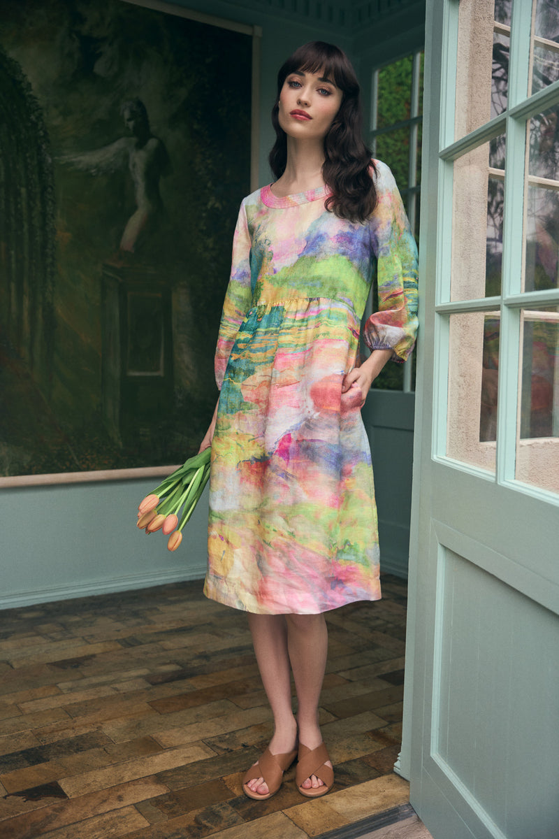 Printed Linen Dress - Abstract Landscape Print