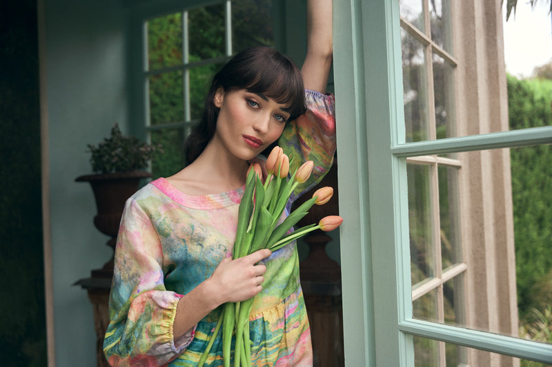 blue illusion linen dress Printed Linen Dress