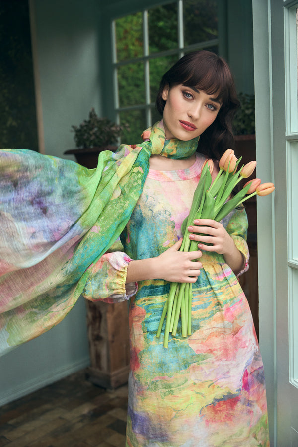 blue illusion linen dress Printed Linen Dress