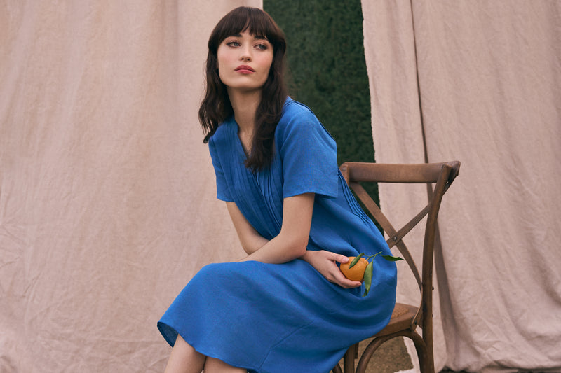 blue illusion linen dress Printed Linen Dress