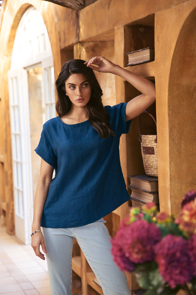 Linen Button Back Top - Navy Delave
