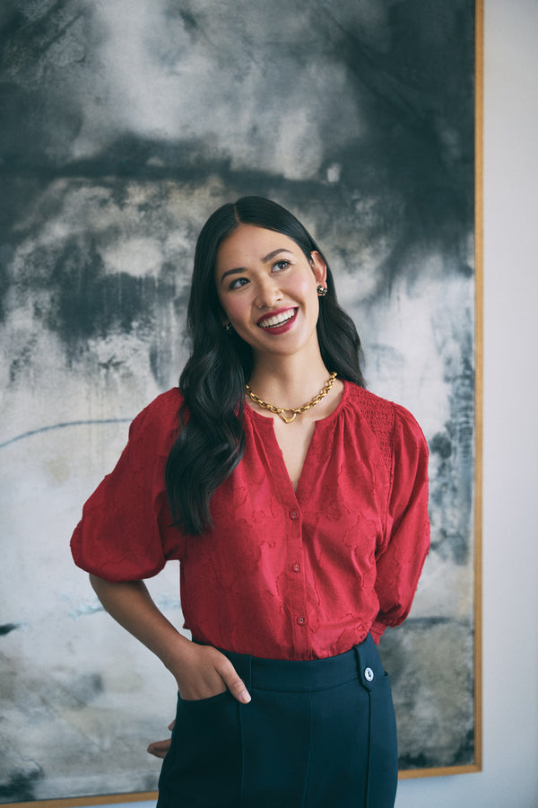 JACQUARD SMOCKED BLOUSE - ROUGE 