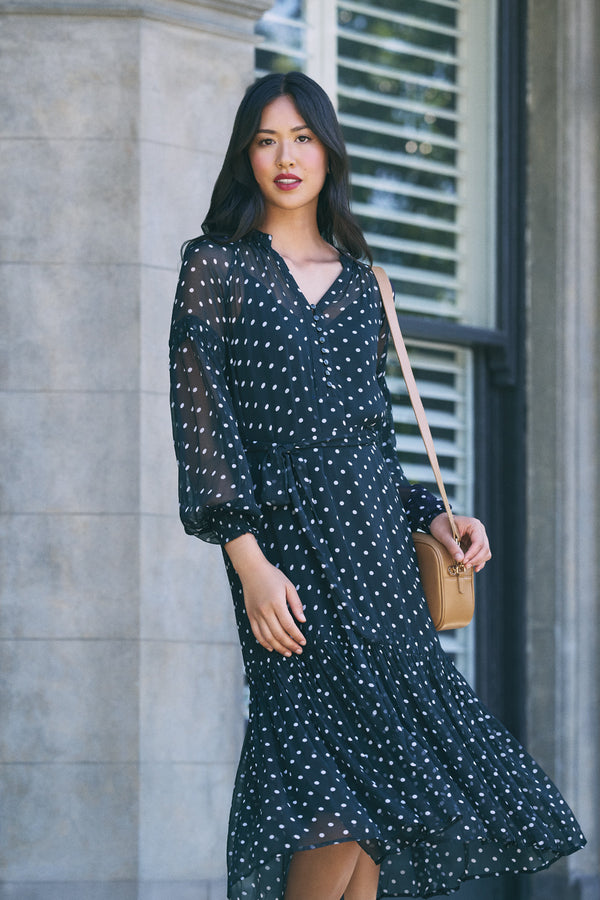 CRINKLE VISCOSE DRESS - DEEP NAVY SPOT