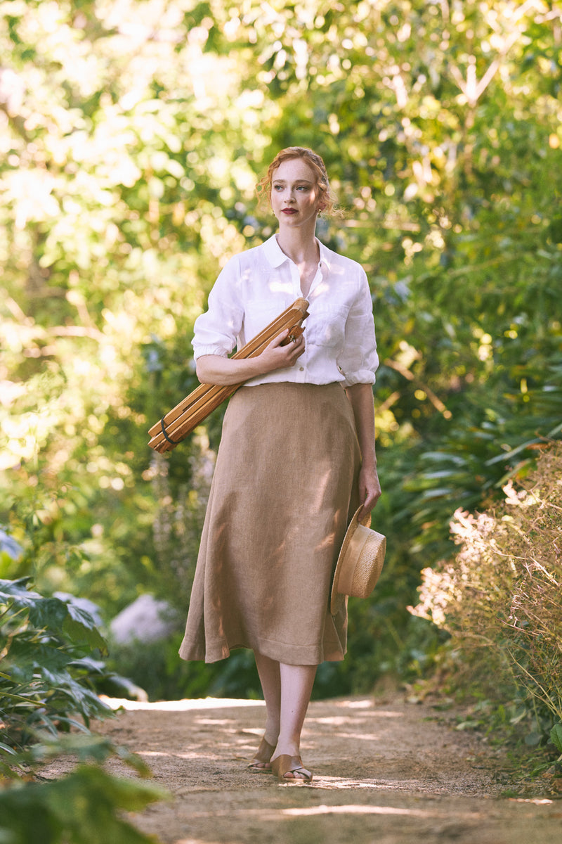 TWILL LINEN MIDI SKIRT - CAMEL TWILL