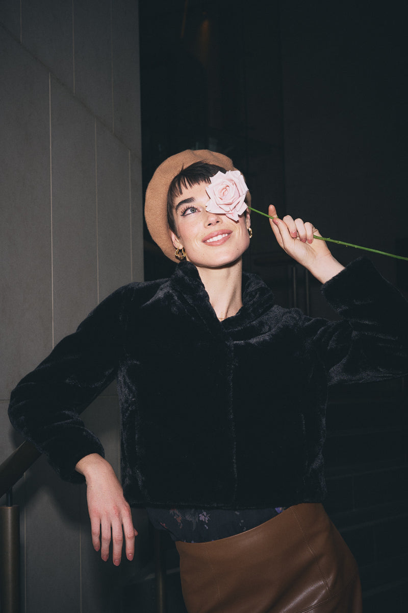 Faux Fur Cropped Jacket - Black