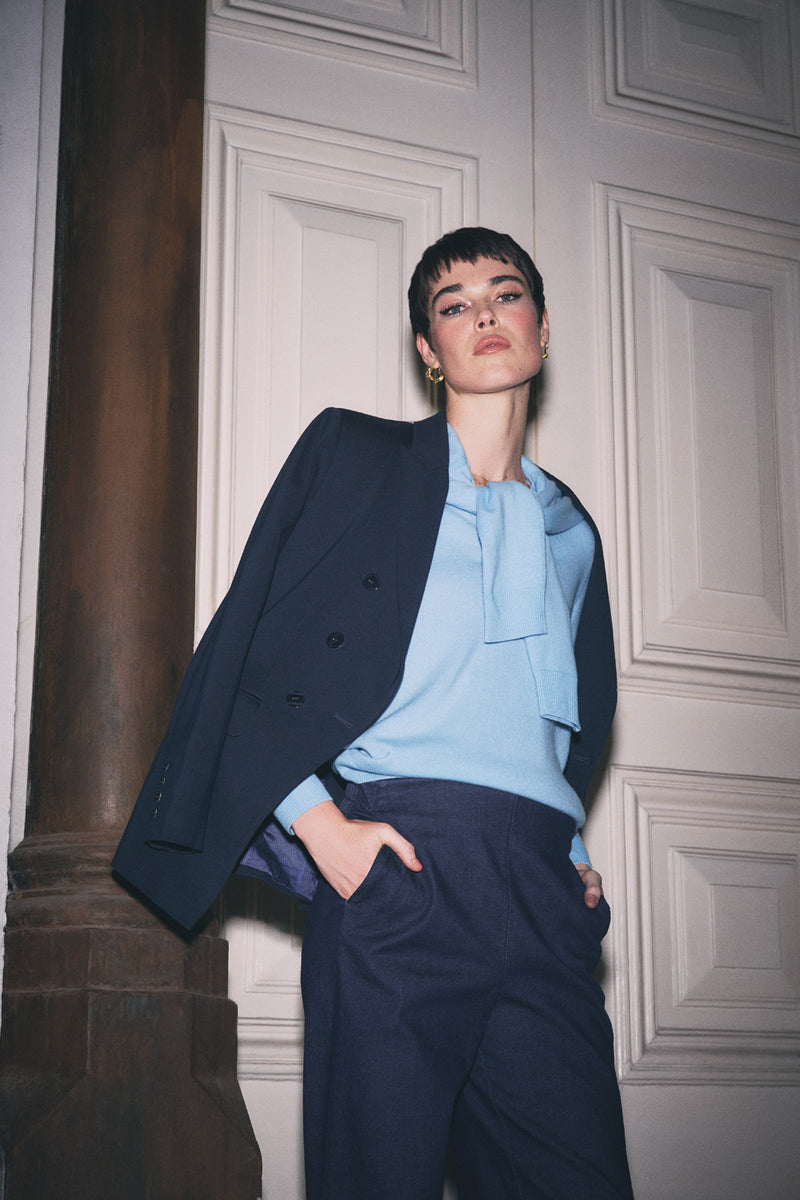 Notched Wool Jumper - Country Blue