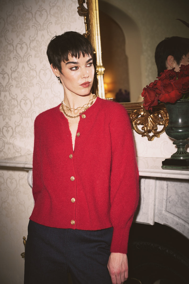 Blouson Sleeve Cardigan - Rouge