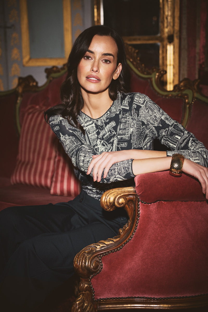 Long Sleeve Crew Neck Top - Ink France Capital Print