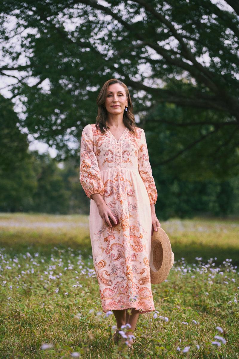 Printed French Linen Dress – Peach Paisley Print