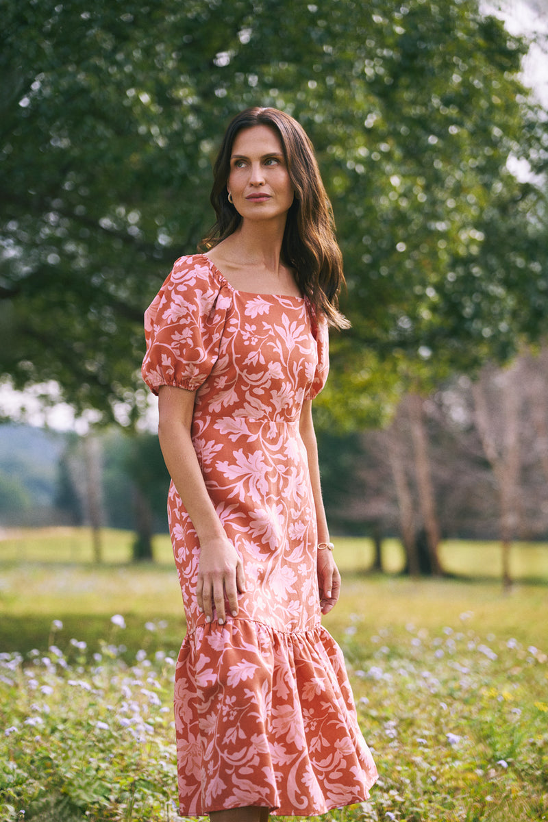 Linen Blend Printed Midi Dress – Rosewood Print
