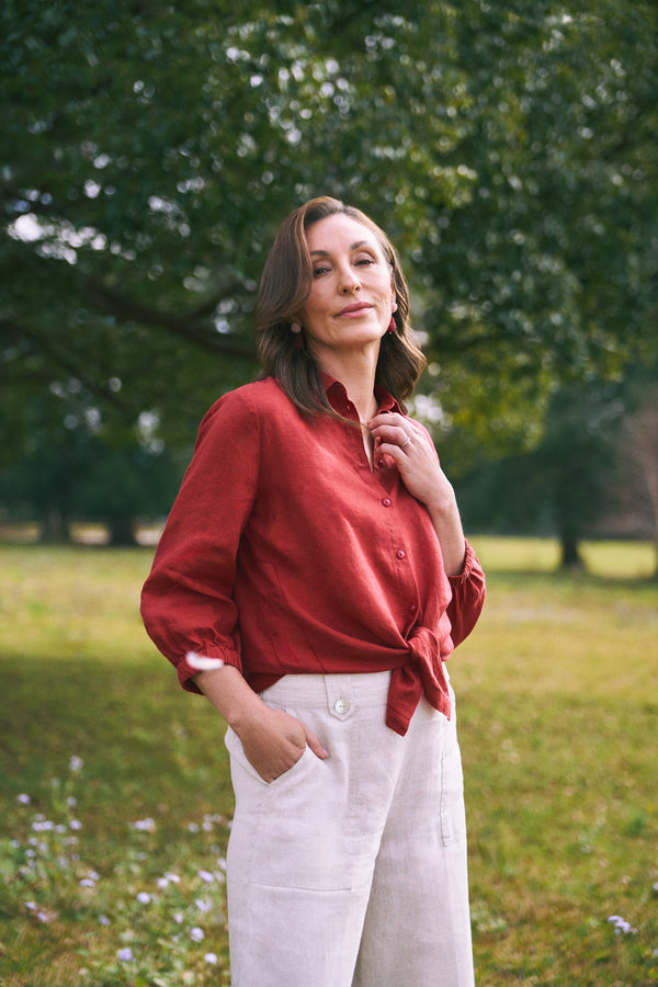 ¾ Sleeve French Linen Shirt – Rosewood Cross Dye