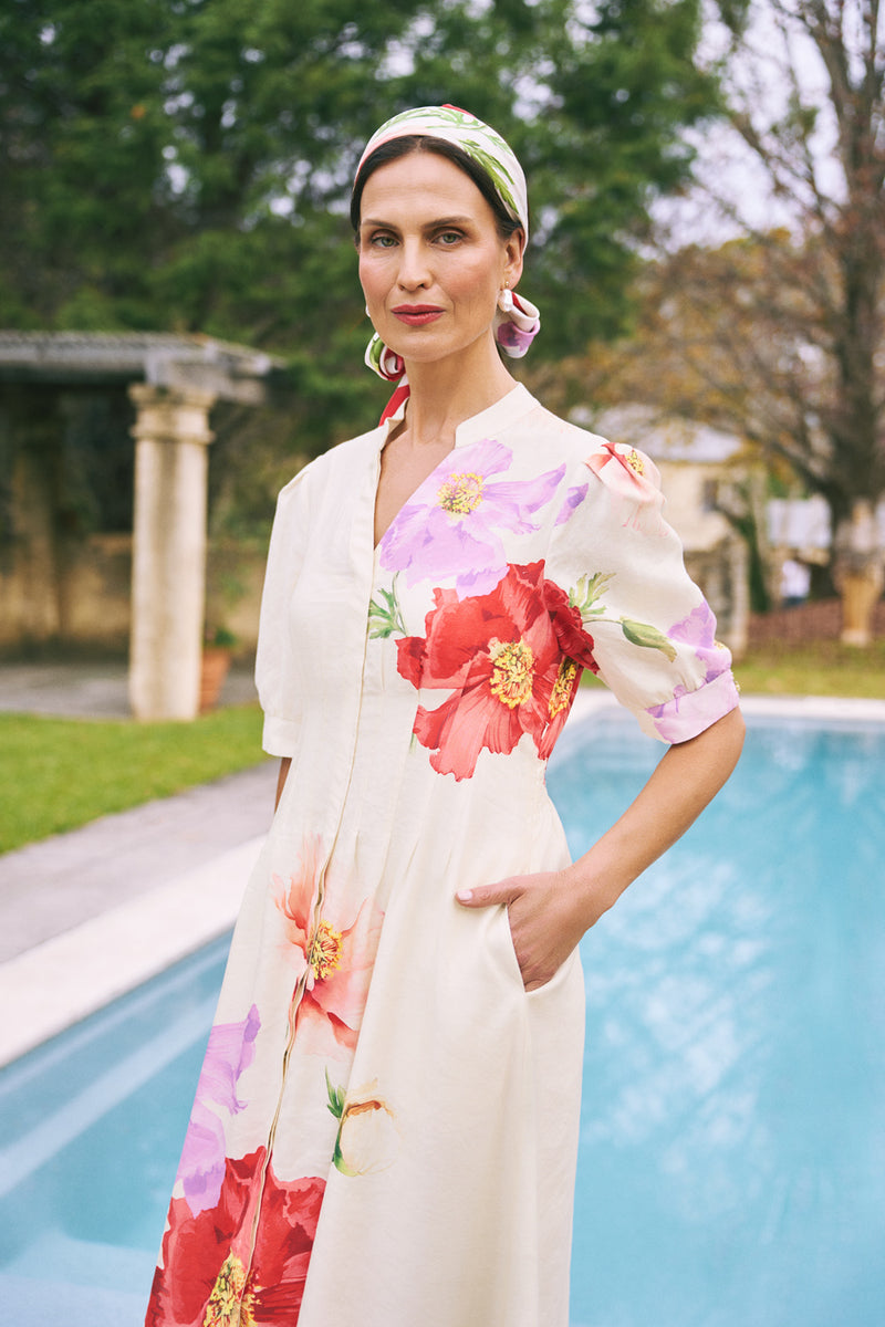 Pin Tuck Linen Dress – Poppy Print