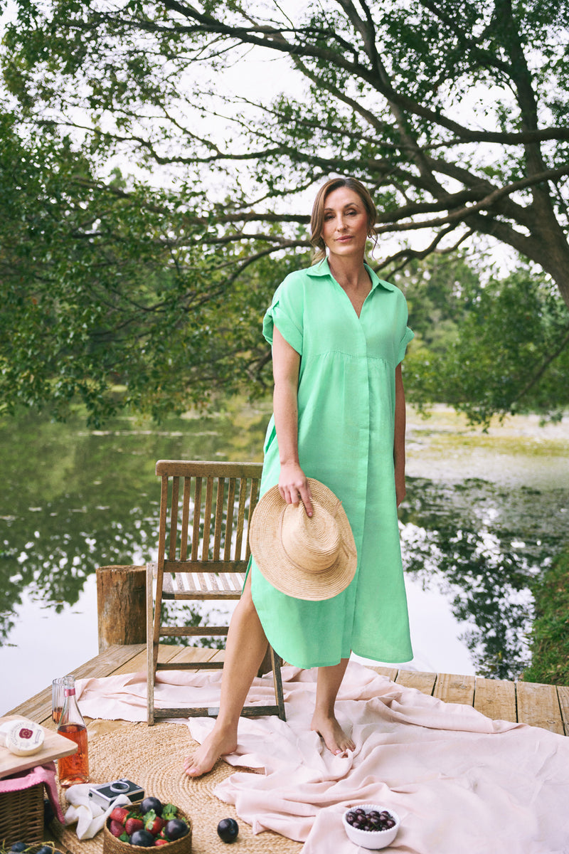 Linen Gather Front Dress – Bright Apple