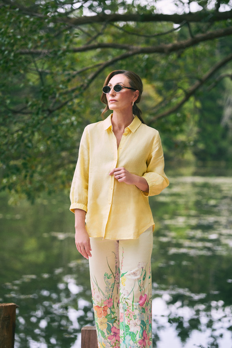 ¾ Sleeve Linen Shirt – Lemon