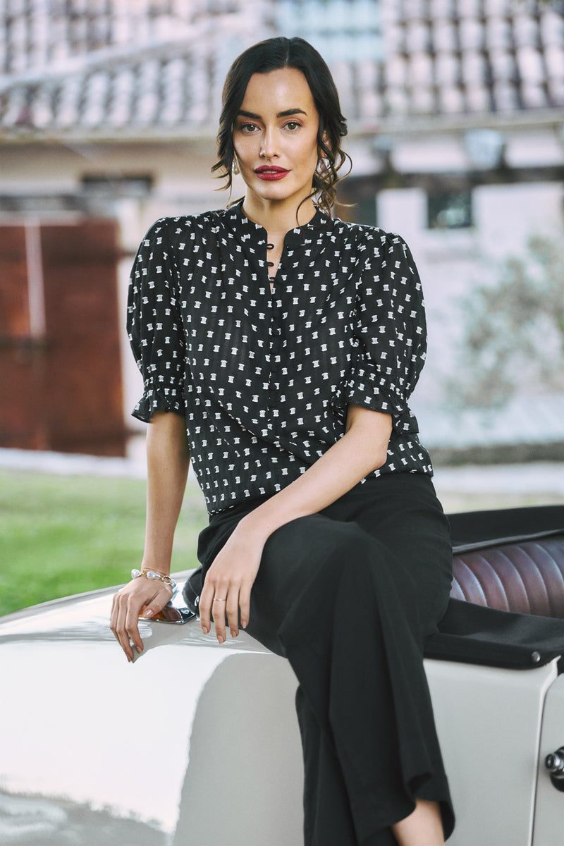 Jacquard Cotton Blouse – Black & White Multi