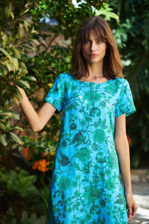French Linen Shift Dress - Emerald Floral