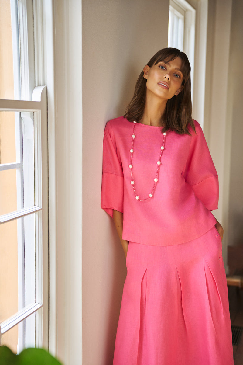 Button Detail Linen Skirt - Sunset Pink