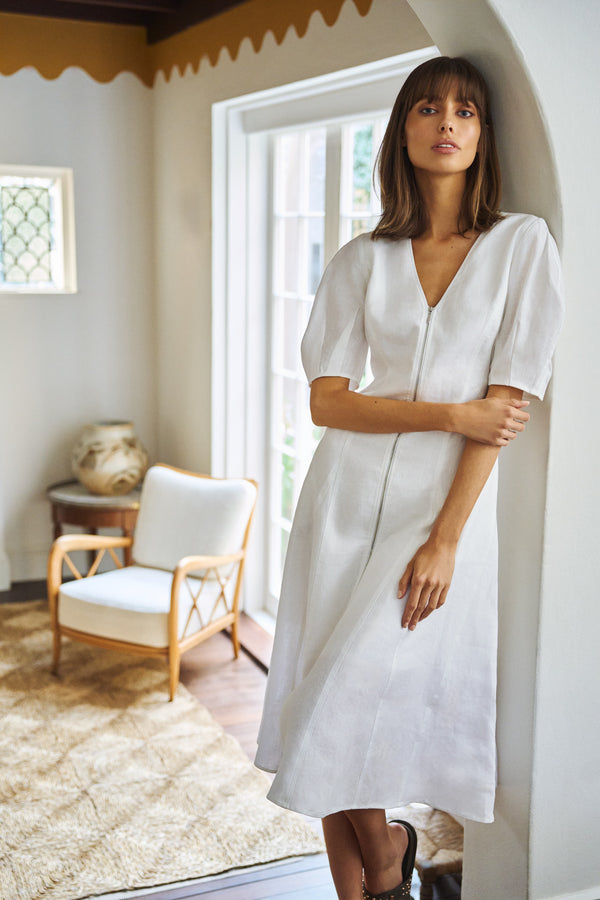 Zip Through Linen Dress - White
