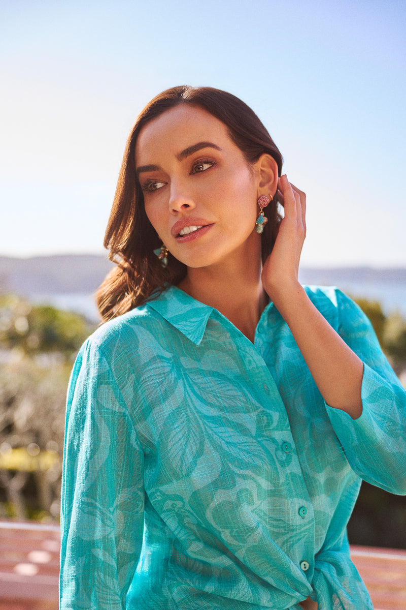 Longline Cotton Shirt - Foliage Print